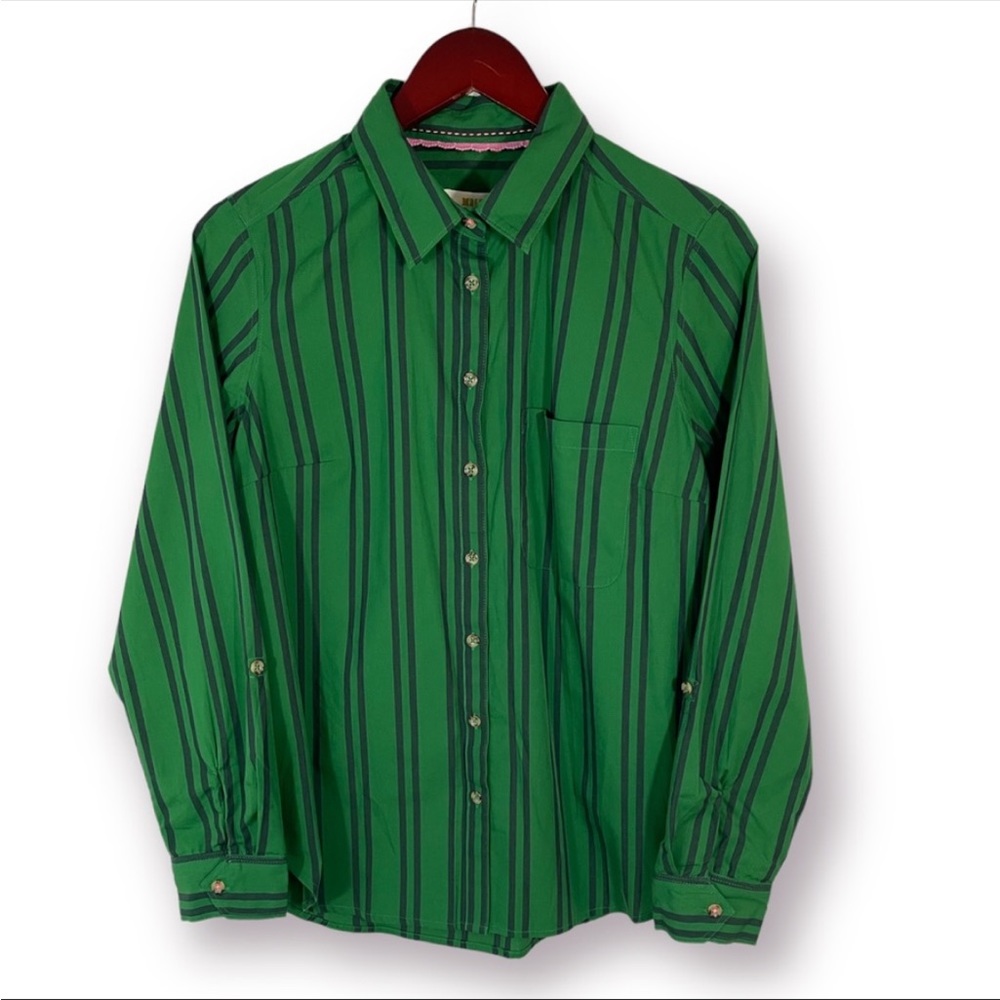 Maeve for Anthropologie Green and Navy Long Sleeve Striped Button Down